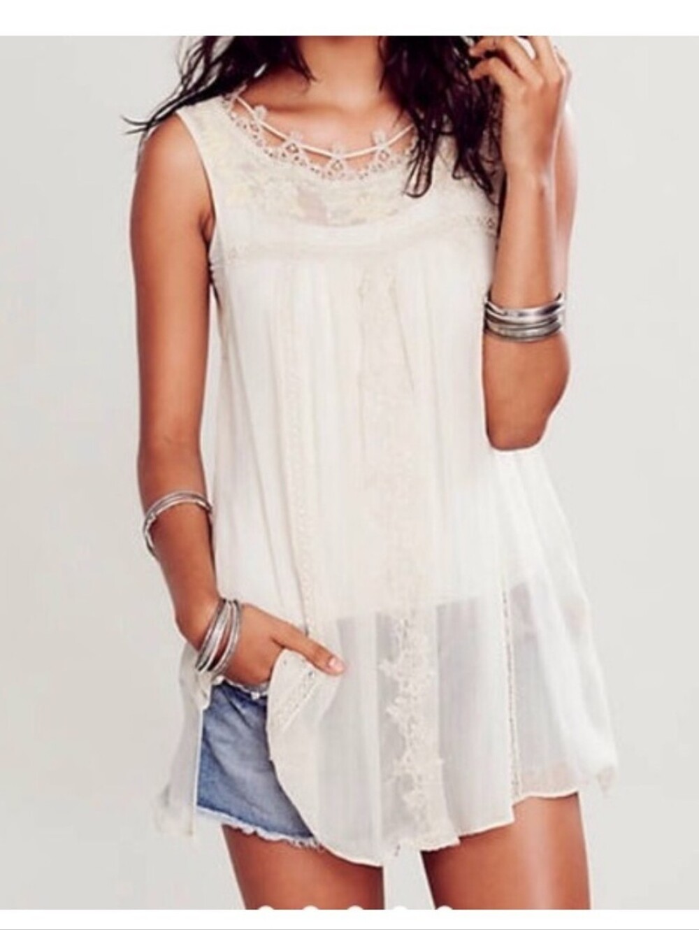 Free People Cream Lace-Trim Sleeveless Tunic, Size XSmall